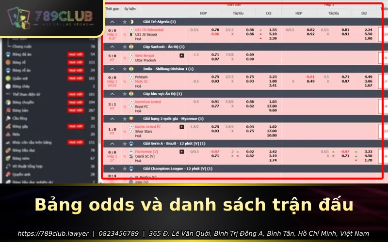 Bang odds va danh sach tran dau